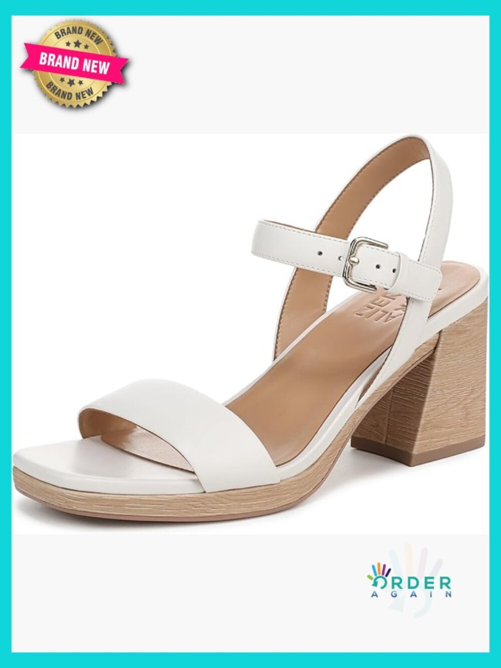 Leather Block Heel Slingback Sandal Open Square Toe Adjustable Buckle 3in Heel